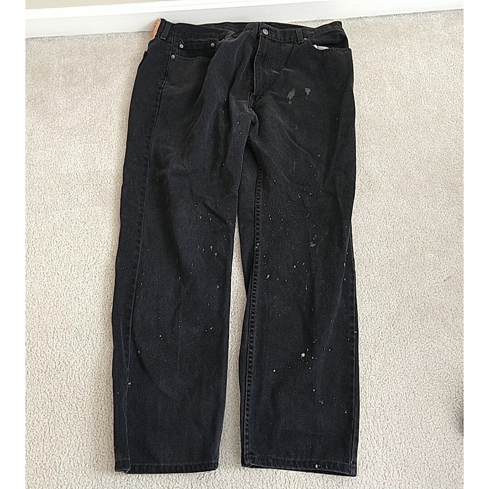Levis 505 Black Denim Jeans 42x32 Distressed Paint Stained Mens